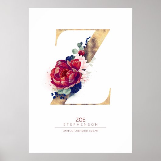 Letter Z Monogram Florale Navyblauw en Bordeauxroo Poster (Voorkant)