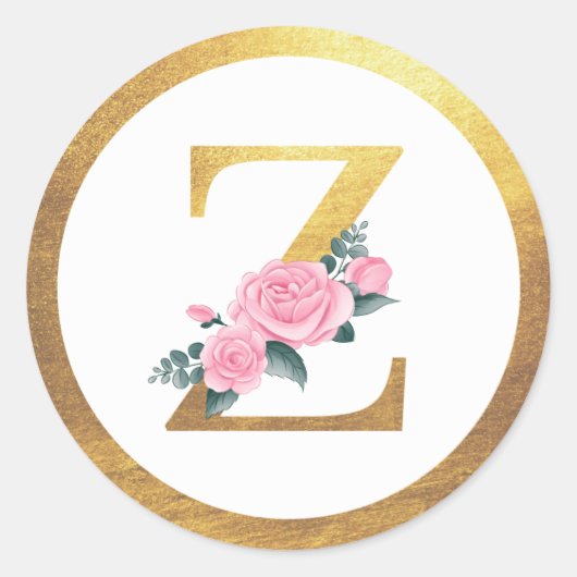 Letter Z Monogram Roze Rozen Bloemen & Elegant Gou Ronde Sticker (Voorkant)