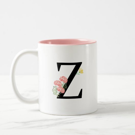 Letter Z Monogram Waterverf bloemen roze geel Tweekleurige Koffiemok (Links)