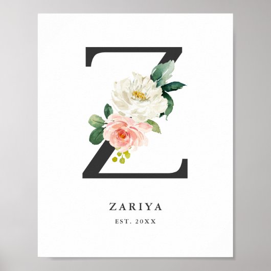 Letter Z Monogram Waterverf Peach Florals Nursery Poster (Voorkant)