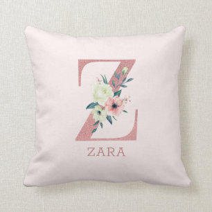 Letter Z Roze Waterverf Bloemen Monogram Kinderkam Kussen