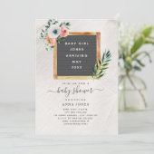 Letterboard Boho Floral Girl Baby shower Invitatio Kaart (Staand voorkant)