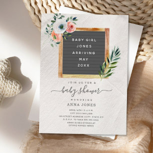 Letterboard Boho Floral Girl Baby shower Invitatio Kaart