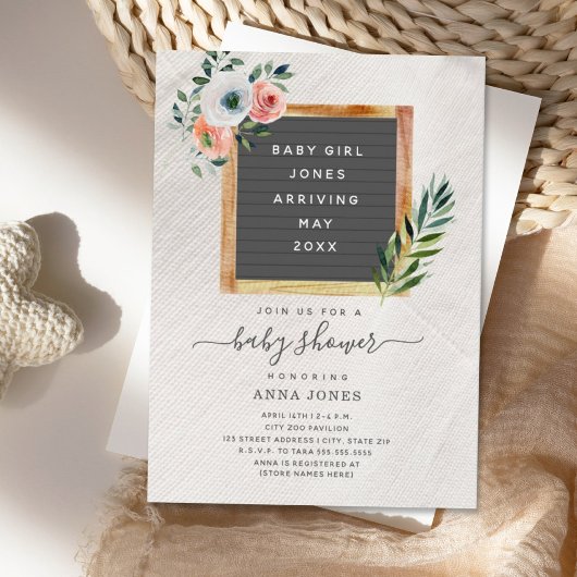 Letterboard Boho Floral Girl Baby shower Invitatio Kaart