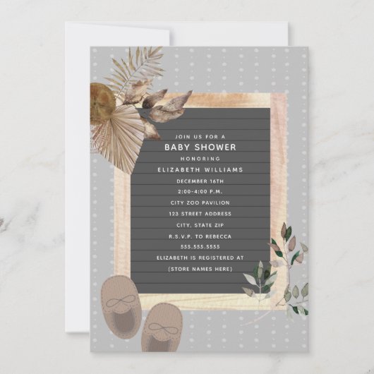 Letterbordschoenen Boho botanisch Baby shower Kaart (Voorkant)