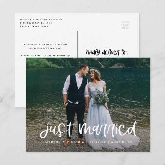 Lettering Just Married Elopement Briefkaart (Voorkant / Achterkant)