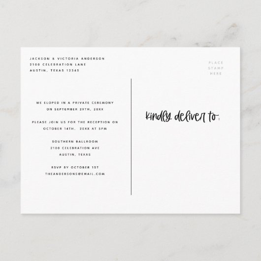 Lettering Just Married Elopement Briefkaart (Achterkant)