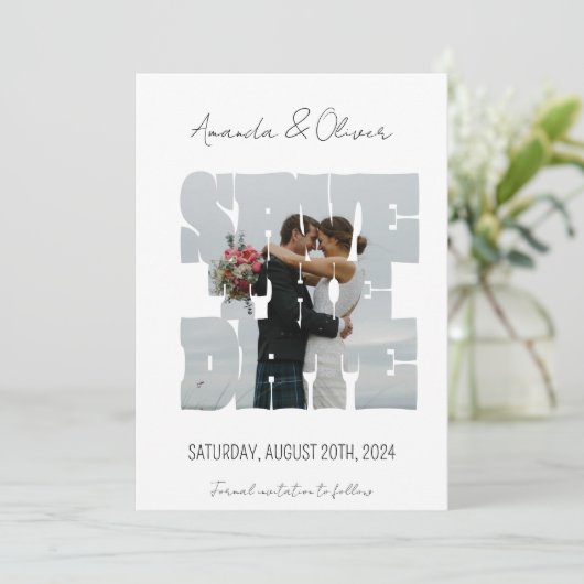 Lettering Love Story Foto Bruiloft Save The Date (Staand voorkant)