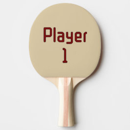 Lettering Speler 1 in Diep Rood op Beige Tafeltennisbatje