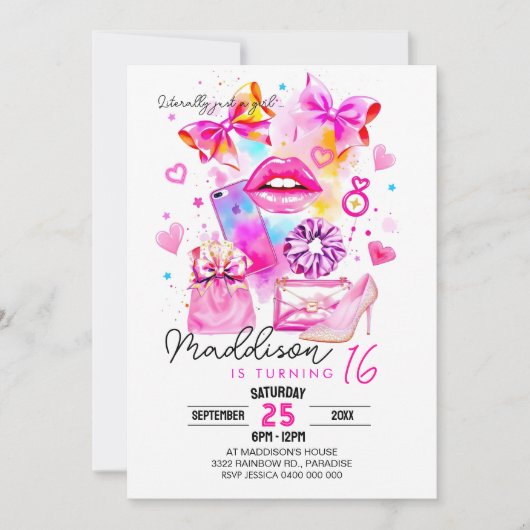 Letterlijk gewoon een meisje UITNODIGING Neon Coqu (Voorkant)