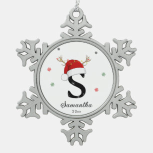 Letternaam Santa Hat   Monogram   Aangepast Initia Tin Sneeuwvlok Ornament