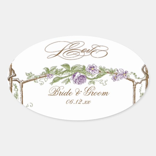 Letterpress Style  Faux Bois Trellis Paars Ovale Sticker (Voorkant)