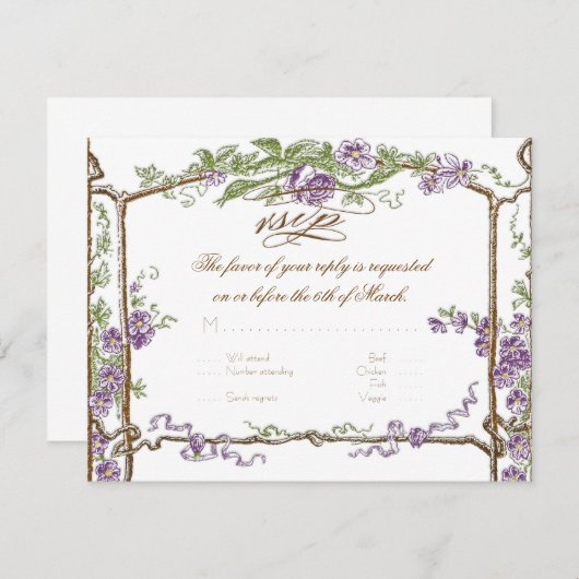 Letterpress Style  Faux Bois Trellis Paars RSVP Kaartje (Voorkant / Achterkant)