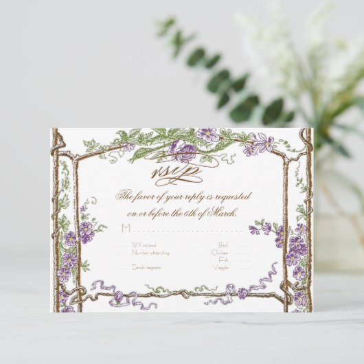 Letterpress Style  Faux Bois Trellis Paars RSVP Kaartje (Staand voorkant)