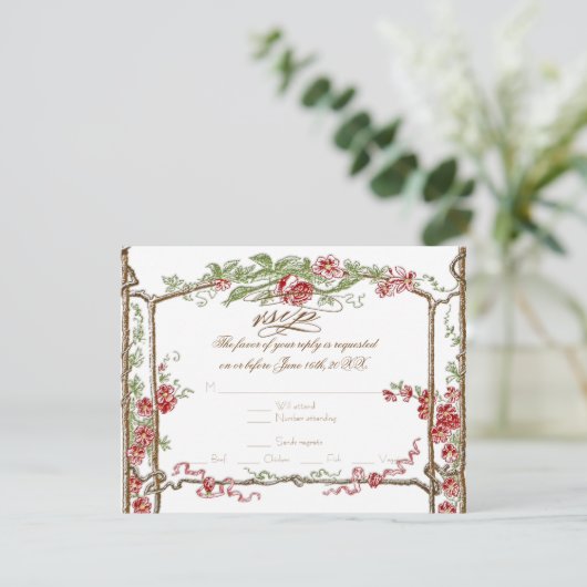 Letterpress Style  Faux Bois Trellis - Red RSVP Kaartje (Staand voorkant)