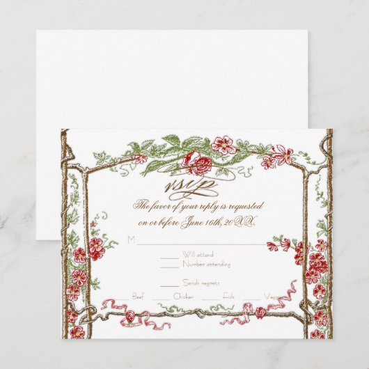 Letterpress Style  Faux Bois Trellis - Red RSVP Kaartje (Voorkant / Achterkant)