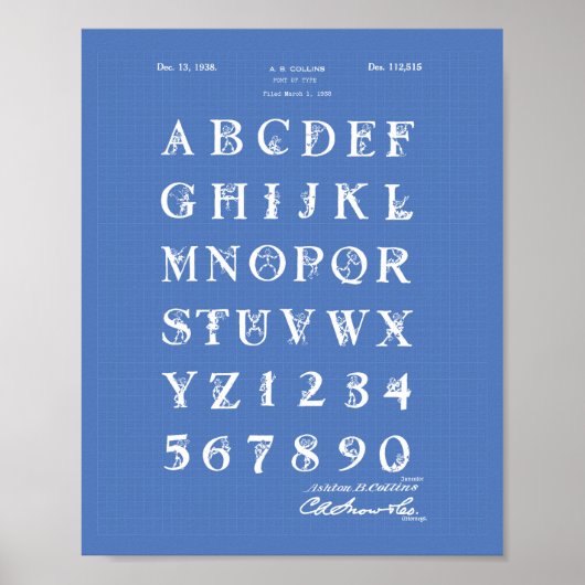 Lettertype 1938 Patent Art Blueprint Poster (Voorkant)