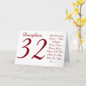 Leuk, 32e verjaardag, dochter, rood en wit tekst. kaart (Gele Bloem)