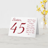 Leuk, 45e verjaardag voor zus, rood en wit tekst. kaart (Gele Bloem)