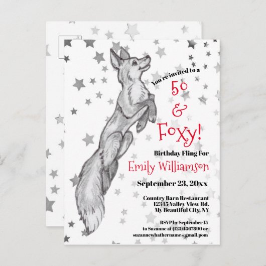 Leuk 50e Black White Red Fox Star Foxy Verjaardag Uitnodiging Briefkaart (Voorkant / Achterkant)