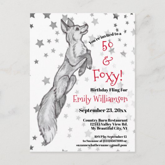 Leuk 50e Black White Red Fox Star Foxy Verjaardag Uitnodiging Briefkaart (Voorkant)