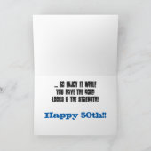 Leuk, 50ste verjaardag, broer, blauw en wit tekst. kaart (Binnen)