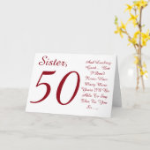 Leuk, 50ste verjaardag voor zus, rood en wit tekst kaart (Gele Bloem)