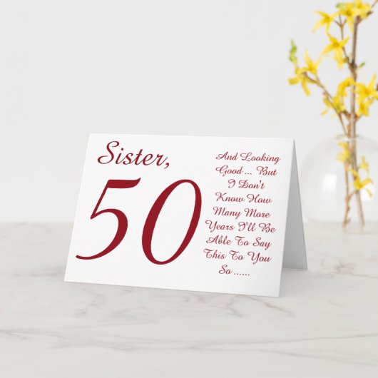 Leuk, 50ste verjaardag voor zus, rood en wit tekst kaart (Gele Bloem)
