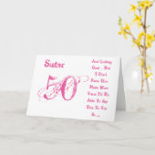 Leuk, 50ste verjaardag voor zus, roze & witte teks kaart (Gele Bloem)