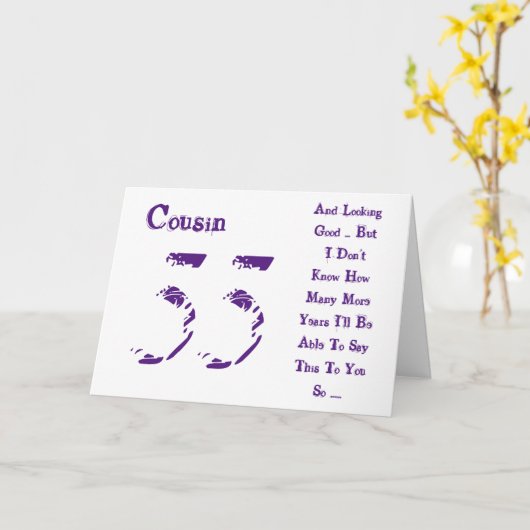 Leuk, 55ste verjaardag, neef, paarse en witte teks kaart (Gele Bloem)