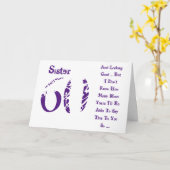 Leuk, 60ste verjaardag, zus, paarse en witte tekst kaart (Gele Bloem)