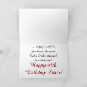 Leuk, 65ste verjaardag voor zus, rood en wit tekst kaart (Binnen)