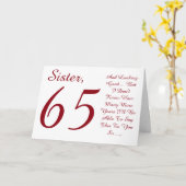 Leuk, 65ste verjaardag voor zus, rood en wit tekst kaart (Gele Bloem)