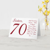Leuk, 70e verjaardag voor zus, rood en wit tekst. kaart (Gele Bloem)