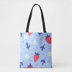 Leuk aardbei- en lentebloempatroon op blauw tote bag