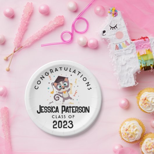 Leuk Afstuderen Kat Cartoon Kinder Afstudeerder Fo Papieren Bordje (Feest)
