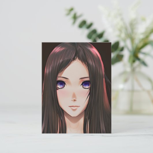 Leuk anime meisje met bruin haar en blauwe ogen briefkaart (Staand voorkant)