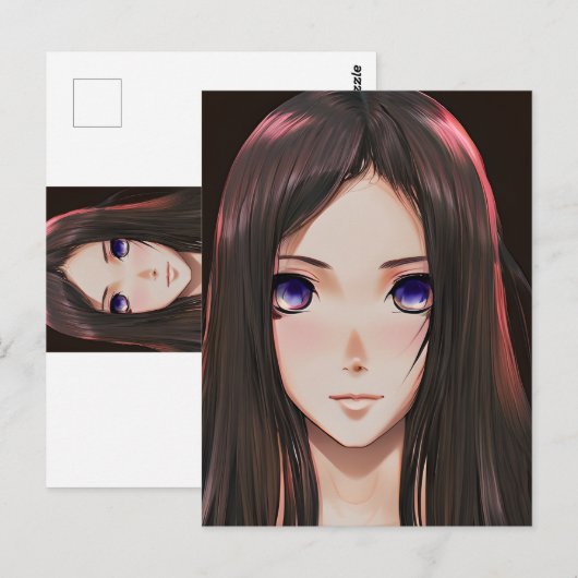 Leuk anime meisje met bruin haar en blauwe ogen briefkaart (Voorkant / Achterkant)