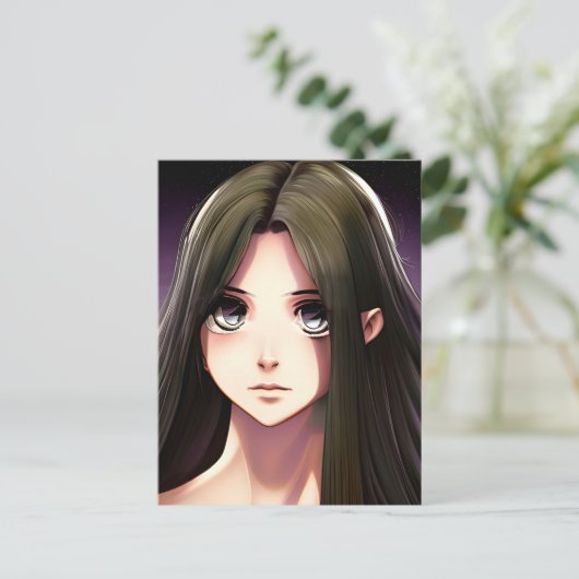 Leuk anime meisje met bruin haar en blauwe ogen briefkaart (Staand voorkant)