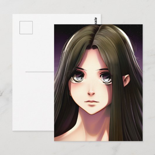 Leuk anime meisje met bruin haar en blauwe ogen briefkaart (Voorkant / Achterkant)