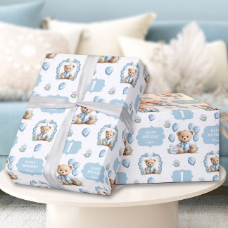 Leuk Beer Blauw 1e Verjaardagsnaam Verpakkingsdocu Cadeaupapier