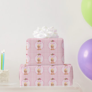 Leuk Beer Roze Gingham Gepersonaliseerd Meisjes Ve Cadeaupapier
