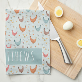 Leuk blauw familienaam Chicken Boerderij Pattern Theedoek