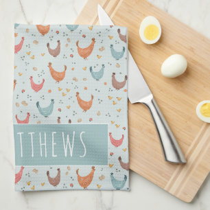 Leuk blauw familienaam Chicken Boerderij Pattern Theedoek