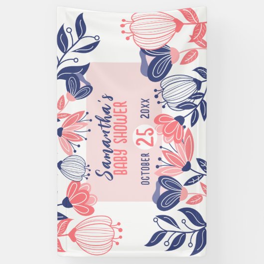 Leuk Blauw Roze Bloemen Botanisch Baby shower Spandoek (Verticaal)
