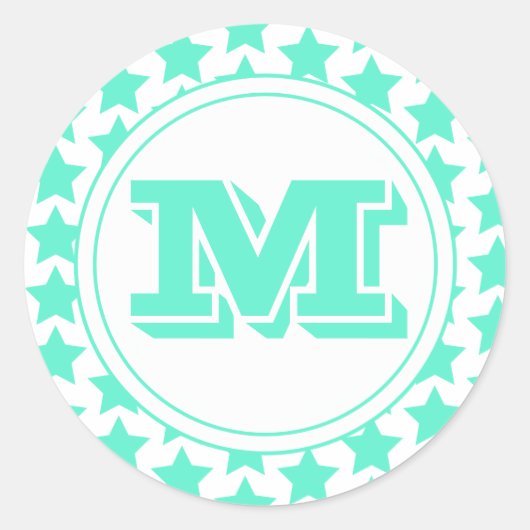Leuk Blauwgroen Sterrenpatroon & Monogram Ronde Sticker (Voorkant)