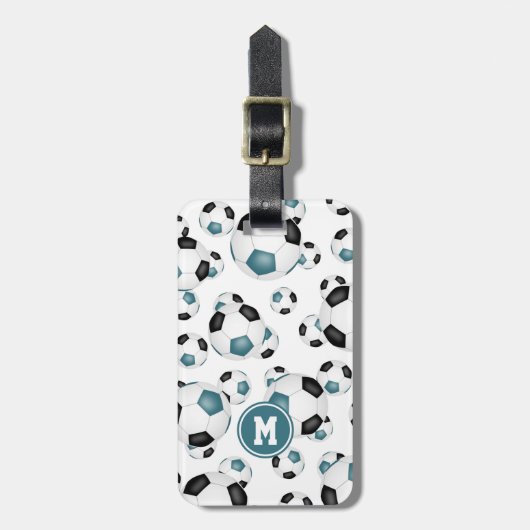 leuk blauwgroen zwart voetbal patroon monogrammen bagagelabel (Voorkant verticaal)
