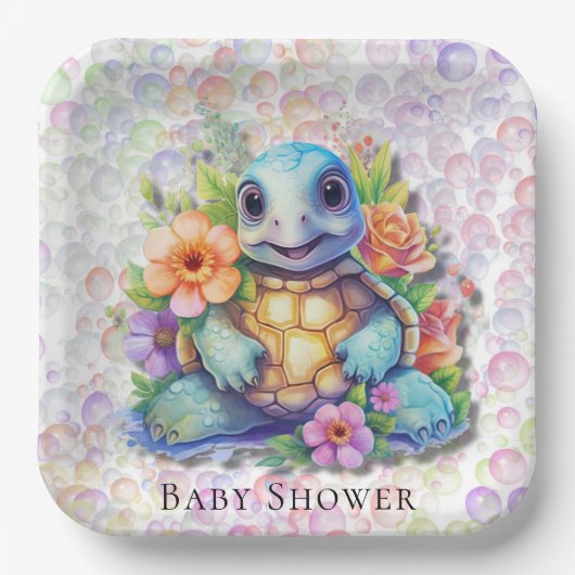 Leuk bloemig Zee schildpad en bubbels Baby shower Papieren Bordje (Voorkant)