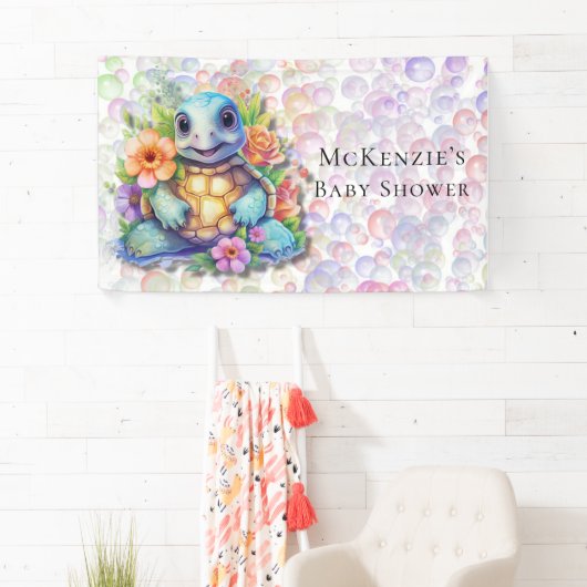 Leuk bloemig Zee schildpad en bubbels Baby shower Spandoek (Insitu)