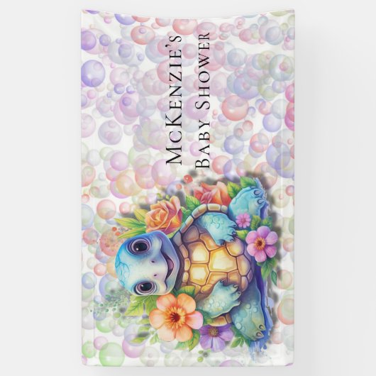 Leuk bloemig Zee schildpad en bubbels Baby shower Spandoek (Verticaal)